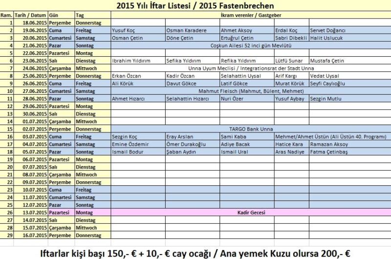 2015 Yılı Ramazan Ayı İftar Listesi - Fastenbrechen 2015