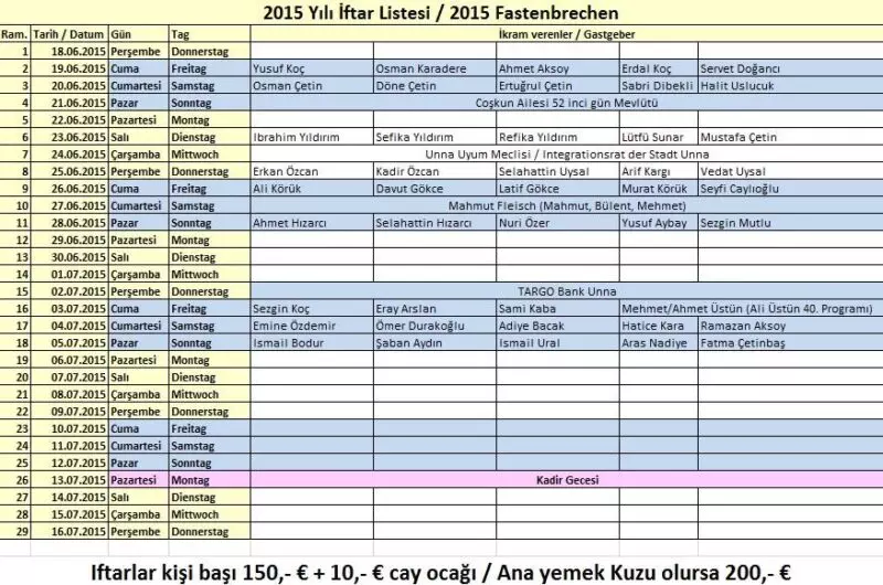2015 Yılı Ramazan Ayı İftar Listesi - Fastenbrechen 2015