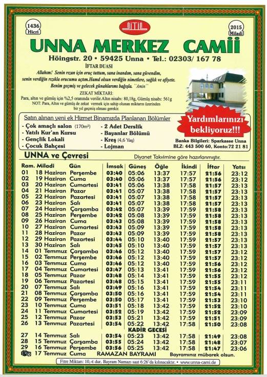 Ramazan Imsakiyesi 2015 - Ramadan Kalender 2015 - Unna