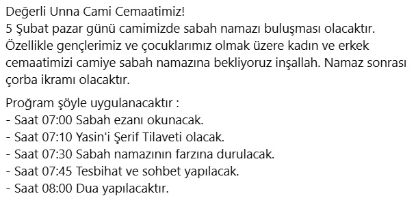05.02.2023 - Pazar günü camimizde sabah namazı buluşması olacaktır.