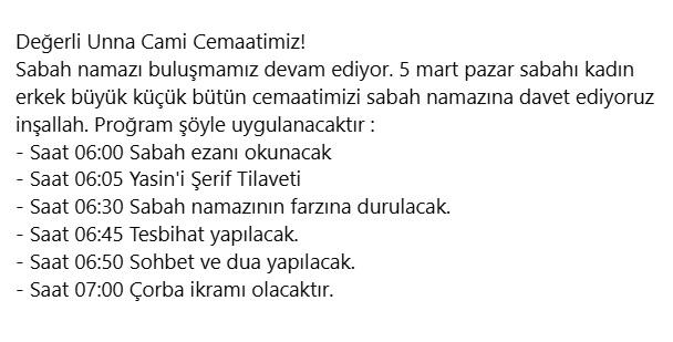 05.03.2023 - Pazar günü camimizde sabah namazı buluşması olacaktır.