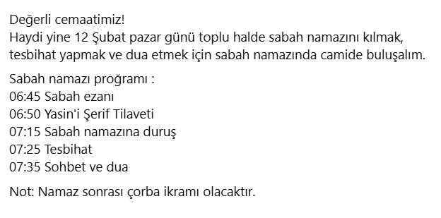 12.02.2023 - Pazar günü camimizde sabah namazı buluşması olacaktır.