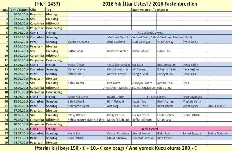 2016 Yılı Ramazan Ayı İftar Listesi - Fastenbrechen 2016