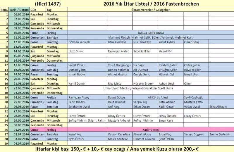 2016 Yılı Ramazan Ayı İftar Listesi - Fastenbrechen 2016