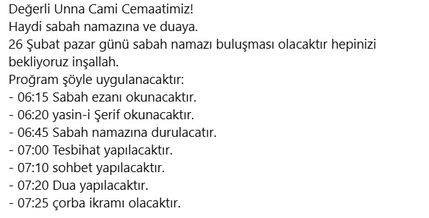 26.02.2023 - Pazar günü camimizde sabah namazı buluşması olacaktır.