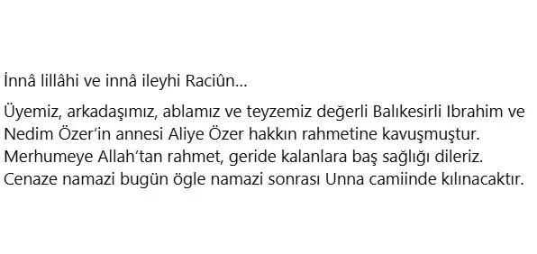 Aliye Özer vefat etmiştir