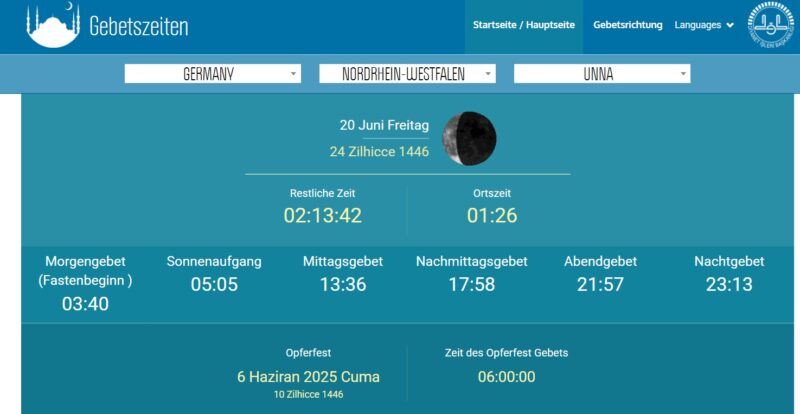Gebetszeiten – Namaz Vakitleri – Unna – DITIB – Diyanet