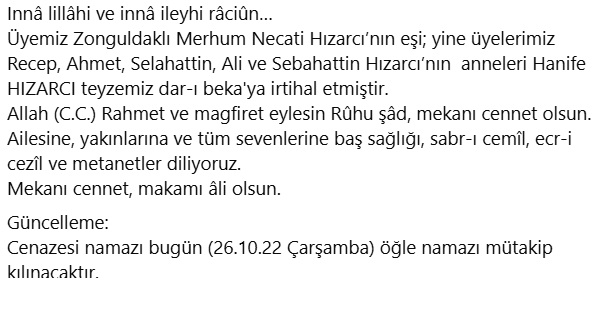 Hanife Hızarcı vefat etmiştir