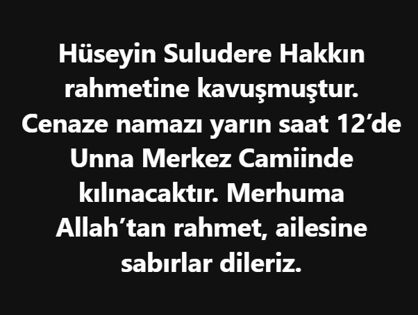 Hüseyin Suludere Vefat etmiştir