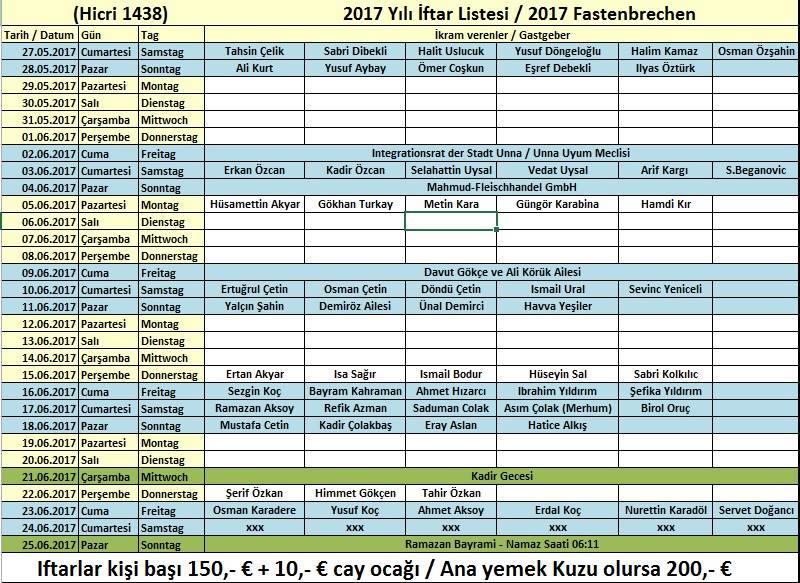 Iftar Listesi 2017 - Unna - Fastenbrechen 2017 - Unna