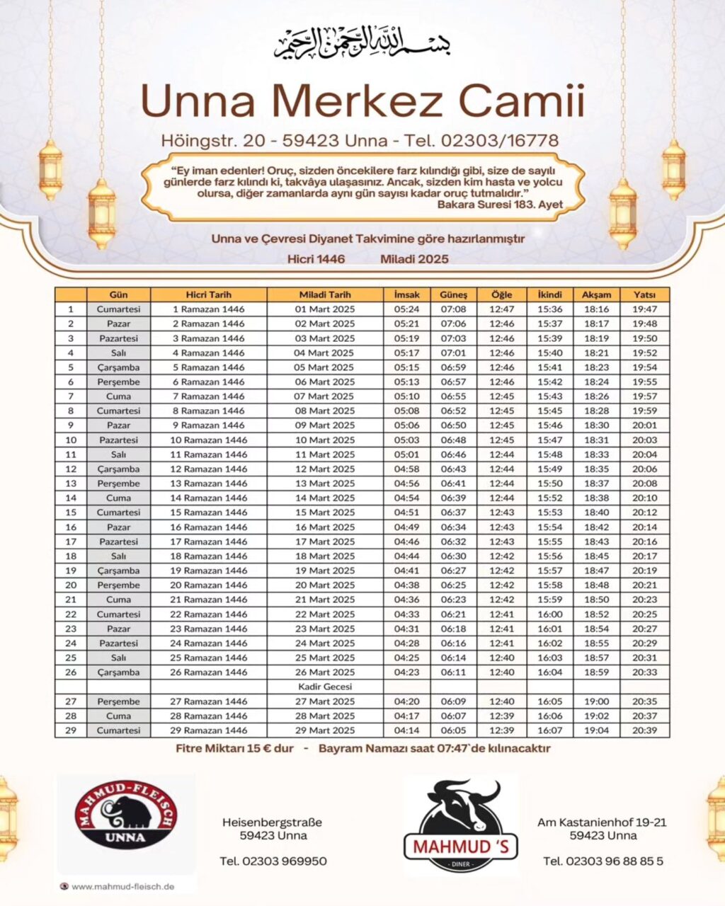 Ramazan Imsakiyesi 2025 - Unna ve Çevresi Ramadan-Kalender 2025 - Unna und Umgebung