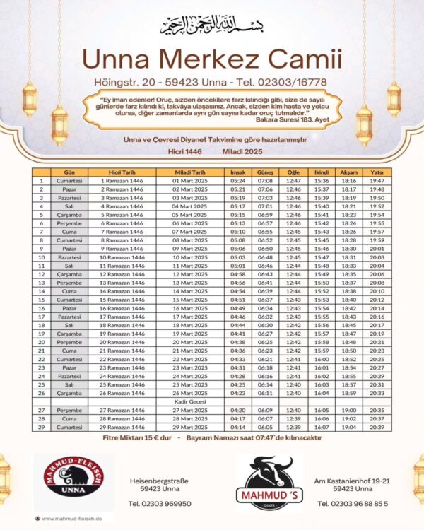 Ramazan Imsakiyesi 2025 - Unna ve Çevresi Ramadan-Kalender 2025 - Unna und Umgebung