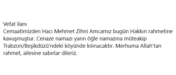 Mehmet Zihni Vefat etmiştir