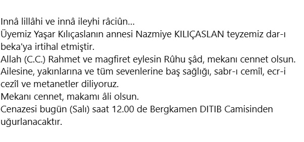 Nazmiye Kılıçaslan vefat etmiştir
