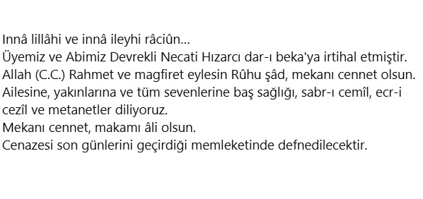 Necati Hızarcı vefat etmiştir