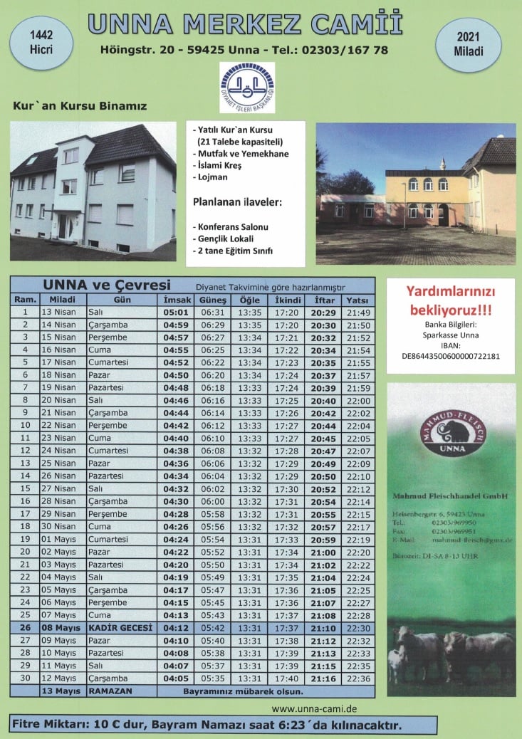 Ramazan Imsakiyesi 2021 - Ramadan Kalender 2021 - Unna