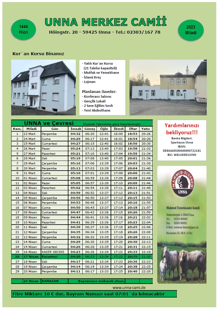 Ramazan Imsakiyesi 2023 - Ramadan Kalender 2023 - Unna