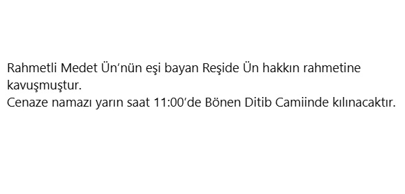 Reşide Ün Vefat etmiştir