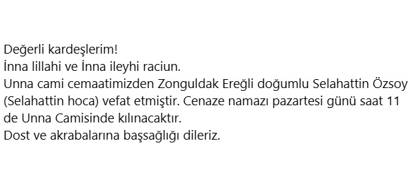 Selahattin Özsoy vefat etmiştir