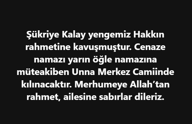 Şükriye Kalay Vefat etmiştir