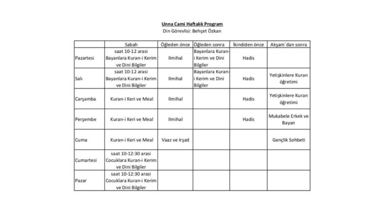 Unna Merkez Cami Haftalık Program - 2019