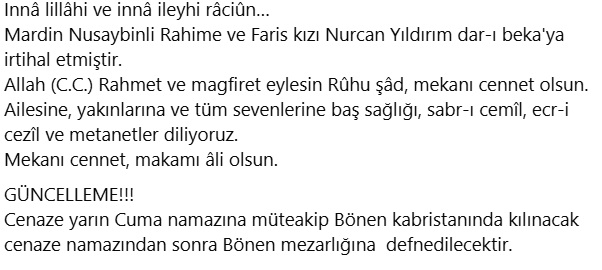 Nurcan Yıldırım Vefat etmiştir