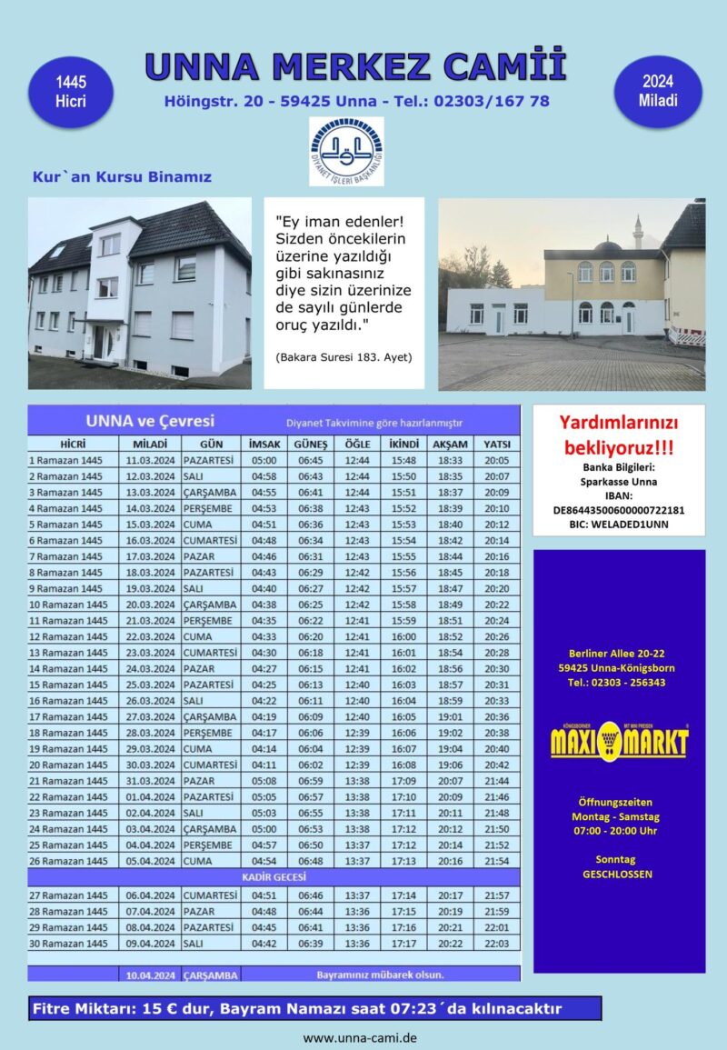 Ramazan Imsakiyesi 2024 - Unna ve ÇevresiRamadan-Kalender 2024 - Unna und Umgebung