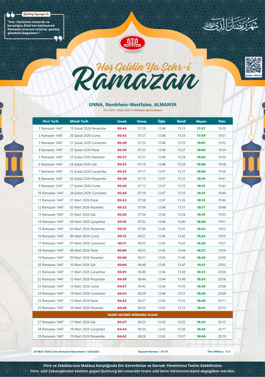 Ramazan Imsakiyesi 2026 – Ramadan Kalender 2026 – Unna