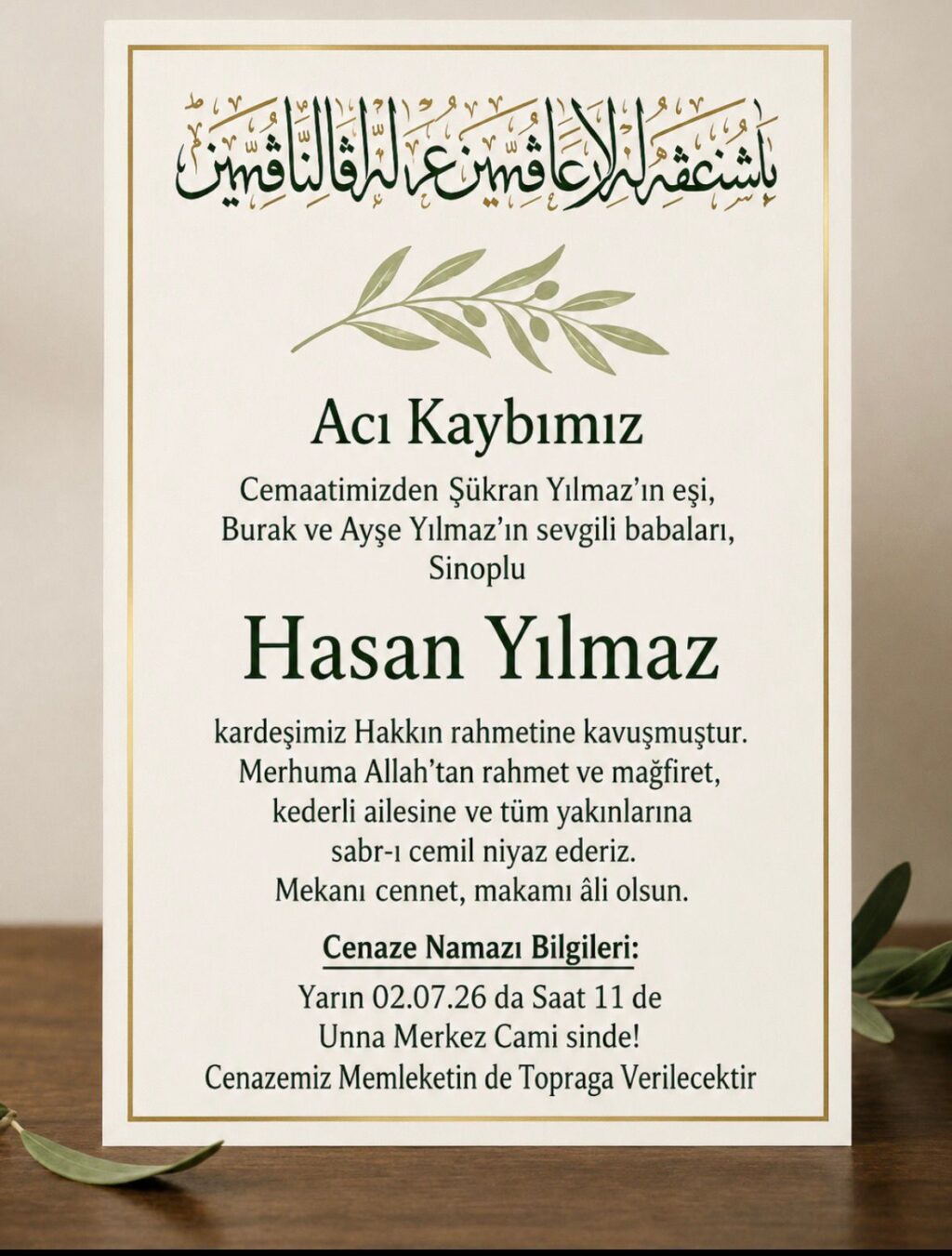 Hasan Yılmaz vefat etmiştir